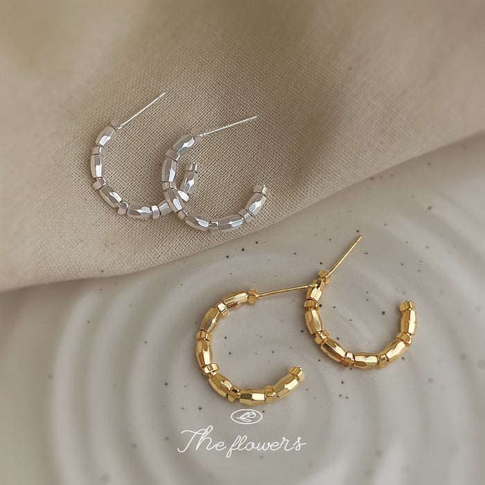 Faceted Segment Bamboo C-Hoop Stud Earrings Silver Gold