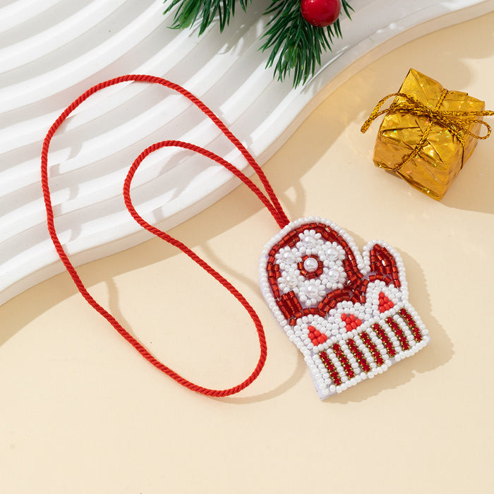Beaded Red Mitten Pendant Necklace With Flower Design
