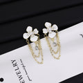 White Flower Gold Chain Clear Look Long Stud Earrings view 6