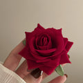 Red Fabric Rose Alligator Hair Clip With Green Leaf Accents view 6