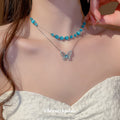 Silver Butterfly Crystal And Blue Cat Eye Bead Necklaces view 3