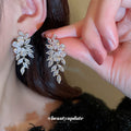 Silver Tone Crystal Leaf Cluster Drop Earrings Statement Jewelry view 1