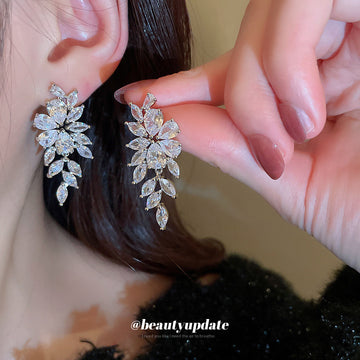 Silver Tone Crystal Leaf Cluster Drop Earrings Statement Jewelry