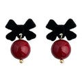 Black Flocked Bow Burgundy Ball Drop Stud Earrings Pair view 5