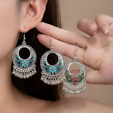 Green and Blue Floral Open Circle Ball Fringe Earrings