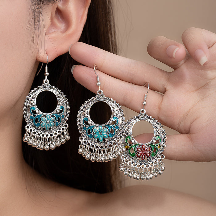 Green and Blue Floral Open Circle Ball Fringe Earrings