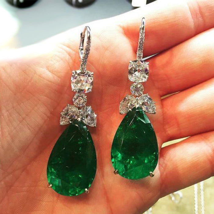 Silver Tone Green Pear Drop Earrings Clear Leaf Accents