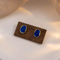 Gold Irregular Deep Blue Enamel Stud Earrings Organic Shape view 3