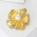 Textured Flower Brooch Pearl Center Rhinestone Accents view 3