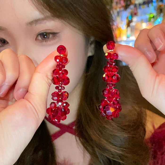Floral Crystal Cascade Earrings In Red And Blue For Distinctive Statement Styling