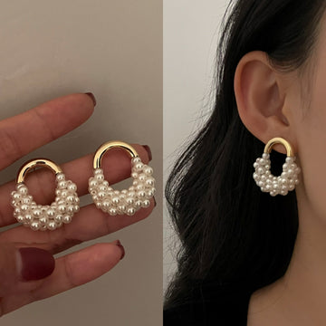 Pearl Cluster Open Circle Hoop Statement Stud Earrings