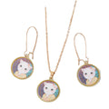 Gold Tone Round Kimono Cat Pendant Necklace and Long Hook Earrings view 5