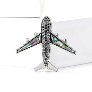 Crystal Airplane Brooch With Iridescent Shell Inlay Wings