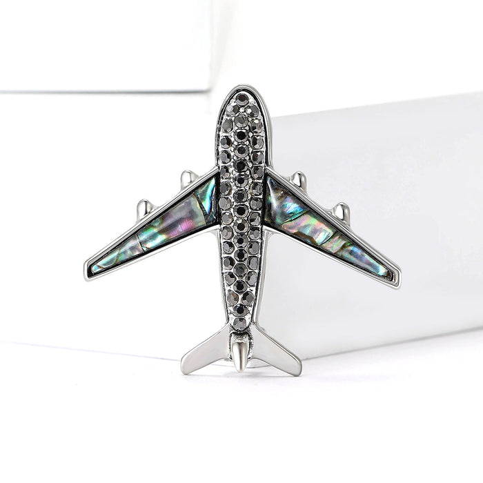 Crystal Airplane Brooch With Iridescent Shell Inlay Wings