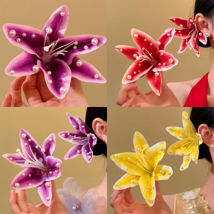 Fabric Lily Pearl Duckbill Hair Clips Red Purple Styles