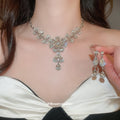 Silver Flower Crystal Necklace Drop Earrings Two Sets view 2