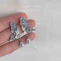 Silver Crystal Butterfly Stud Earrings Teardrop Pearl Drops view 4