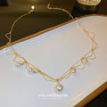 Gold Multi Strand Scalloped Chain White Pearl Drop Necklace view 4