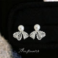 Silver Lace Bow Pearl Micro-Set Zircon Stud Earrings view 4