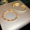 Gold Pink Halo Link Bracelet and Blue Flower Open Cuff view 4