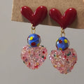 Red Double Heart and Colorful Bead Drop Stud Earrings view 4