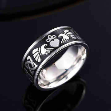 Steel Tone Claddagh Heart Hands Crown Band Celtic Knot Ring