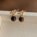 Gold Tone Tiger Eye Brown Amber Drop Hoop Earrings Mix view 4