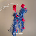 Blue Fiber Fringe Earrings With Red Flower Studs For Distinctive Statement Styling view 2
