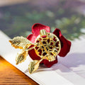 Red Fabric Rose Gold Leaf Crystal Look Floral Brooch view 4