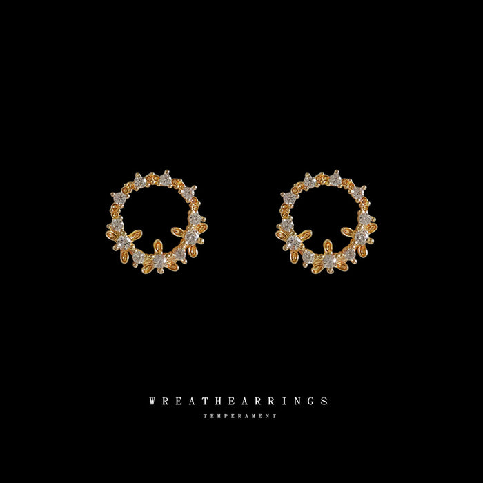 Gold Open Circle Wreath Stud Earrings Clear Stones