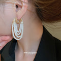 White Pearl Layered Tassel Huggie Statement Earrings view 3