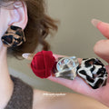 Red Brown Fabric Rose Stud Earrings with Sculpted Petals view 2