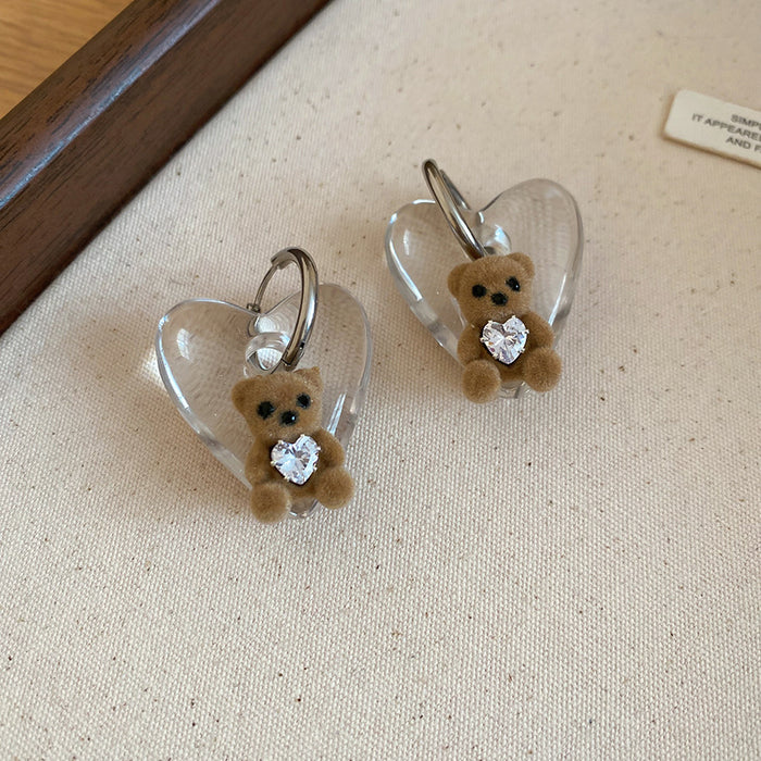 Resin Heart Flocked Bear Pearl Necklace and Hoop Earrings