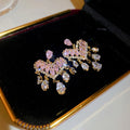 Pink Crystal Heart Butterfly Tassel Earrings Polished Metal Jewelry view 2