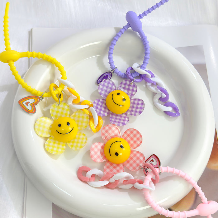 Gingham Daisy Smiley Charm Keychain With Silicone Bead Strap