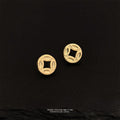 Gold Chinese Coin Stud Earrings Square Center Hole Pair view 4