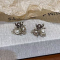 Antique Silver Tone Pearl Cluster Floral Stud Earrings view 1