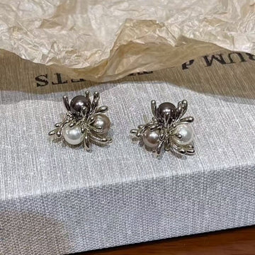 Antique Silver Tone Pearl Cluster Floral Stud Earrings