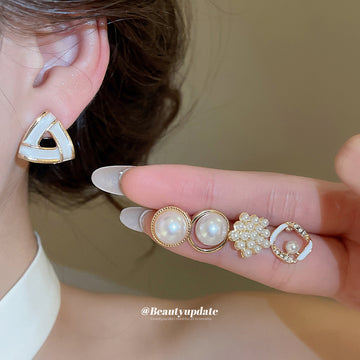 Gold Pearl White Enamel Stud Earring Set Five Pair Styles