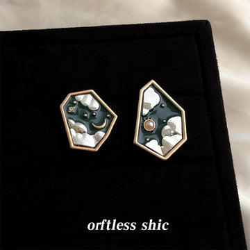 Dark Green Pentagon Night Sky Moon Sun Asymmetric Studs