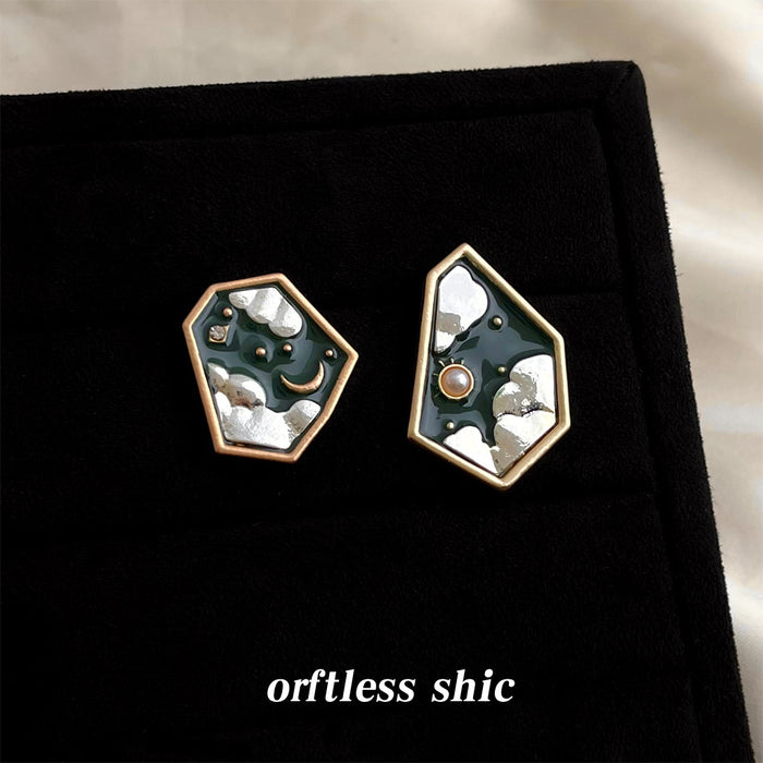 Dark Green Pentagon Night Sky Moon Sun Asymmetric Studs