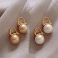 Gold Tone Oversized Gray Faux Pearl Drop Huggie Earrings view 2