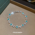 Silver Teal Square Stone Link Bracelet Clear Round Accents view 3