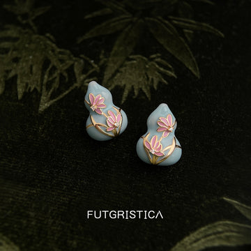 Blue Gray Gourd Shape And Pink Lotus Flower Stud Earrings