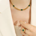 Gold Cuban Chain Necklace Bracelet Green Glass Stones view 4