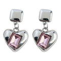 Silver Square Stud Earrings Pink Crystal Heart Drops view 5