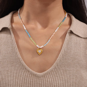 Heart Pearl Or Malachite Pendant Beaded Necklace Gold