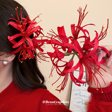 Red Or Pink White Spider Lily Floral Duckbill Hair Clip Design