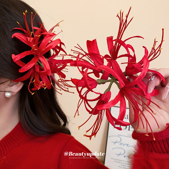 Red Or Pink White Spider Lily Floral Duckbill Hair Clip Design