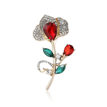 Rhinestone Rose Teardrop Crystal Stem Flower Brooch Pin